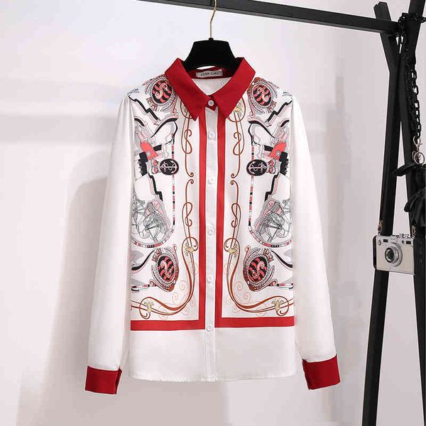 autumn women's long sleeves turn down collar retro print chiffon shirt female ladies shirts blouse a3631 210428, White