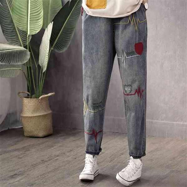 spring arts style women elastic waist vintage embroidery jeans casual cotton denim harem pants femme jean trousers m324 210512, Blue
spring arts style women elastic waist vintage embroidery jeans casual cotton denim harem pants femme jean trousers m324 210512, Blue
