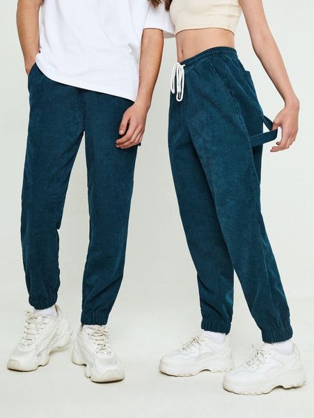 1pc drawstring waist corduroy pants t9np#, Black