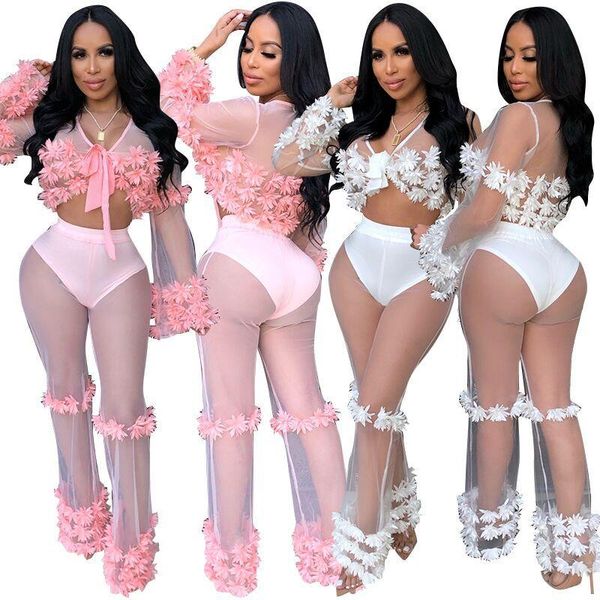 arrival mesh flare floral full sleeve v neck bandage short with pants women see through two piece set women's, White
arrival mesh flare floral full sleeve v neck bandage short with pants women see through two piece set women's, White