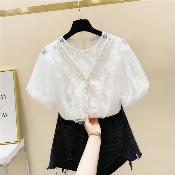 women's blouses & shirts summer shirt women lace stitching mesh pleated blouse ladies elegant slimming diamond beaded puff sleeve, White
women's blouses & shirts summer shirt women lace stitching mesh pleated blouse ladies elegant slimming diamond beaded puff sleeve, White