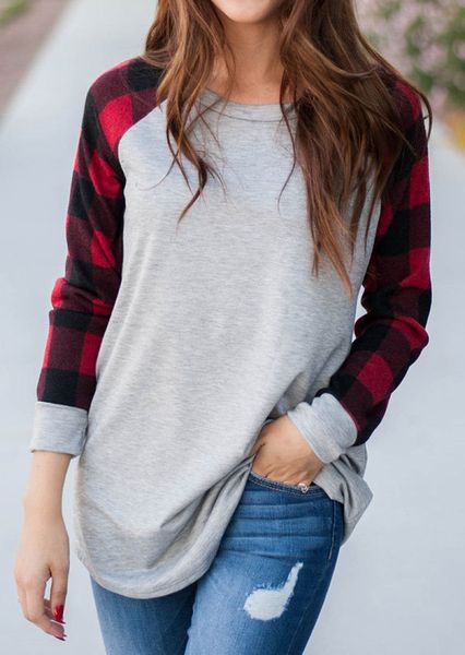 european and american autumn women's bottoms, plaid printed round neck long sleeve t-shirt, White
european and american autumn women's bottoms, plaid printed round neck long sleeve t-shirt, White