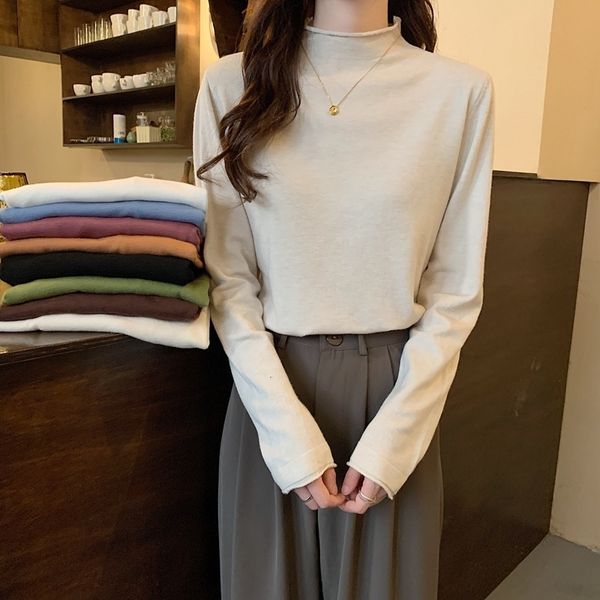 2021 korean loose hem solid color basic semi high neck sweater bottomed, White;black
2021 korean loose hem solid color basic semi high neck sweater bottomed, White;black