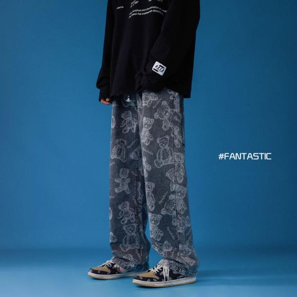 men's pants bear printed wide leg jeans spring autumn fashion casual korean baggy male streetwear loose hip hop straight denim, Black
men's pants bear printed wide leg jeans spring autumn fashion casual korean baggy male streetwear loose hip hop straight denim, Black