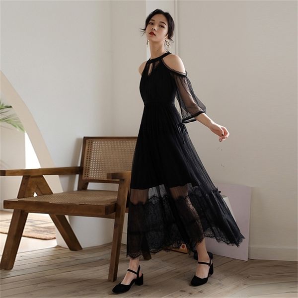 maxi elegant mesh lace women dress evening party half sleeve halter vestidos de fiesta summer black long 210603, Black;gray 
maxi elegant mesh lace women dress evening party half sleeve halter vestidos de fiesta summer black long 210603, Black;gray