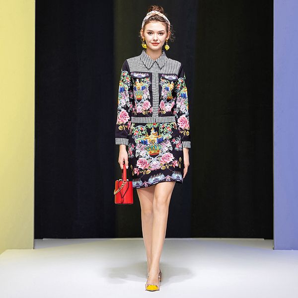 spring fashion runway two elegant woman's outfit houndstooth print jacket and skirt suit from twinset, Black
spring fashion runway two elegant woman's outfit houndstooth print jacket and skirt suit from twinset, Black