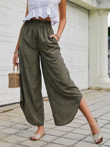 simplee allover print shirred asymmetrical hem wide leg pants o1kc#, Black;white
simplee allover print shirred asymmetrical hem wide leg pants o1kc#, Black;white