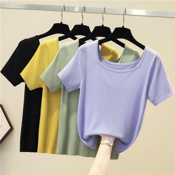 women's t-shirt ljsxls slim knitted square collar womens casual short sleeve tshirt solid clothes women summer all-match blue femme, White
women's t-shirt ljsxls slim knitted square collar womens casual short sleeve tshirt solid clothes women summer all-match blue femme, White