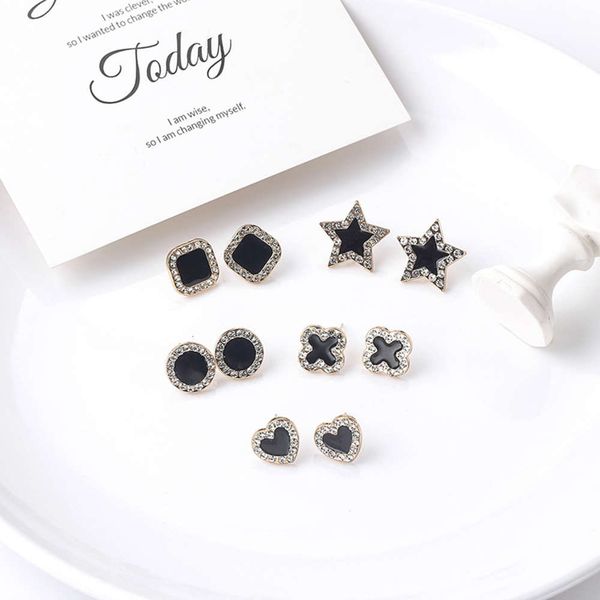 925 silver needle korea east gate personality simple geometry pentagon star round diamond earrings, Black
925 silver needle korea east gate personality simple geometry pentagon star round diamond earrings, Black