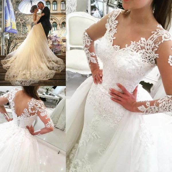 other wedding dresses v-neck tulle applique dress with detachable cover skirt mopping the floor bridal gown elegant transparent long sleev, White
other wedding dresses v-neck tulle applique dress with detachable cover skirt mopping the floor bridal gown elegant transparent long sleev, White