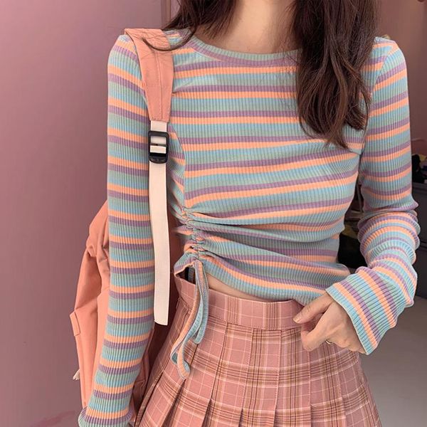 women's t-shirt rainbow striped knitted long sleeve t-shirts pleated lace up o-neck clothing sweet tees spring korean women, White
women's t-shirt rainbow striped knitted long sleeve t-shirts pleated lace up o-neck clothing sweet tees spring korean women, White