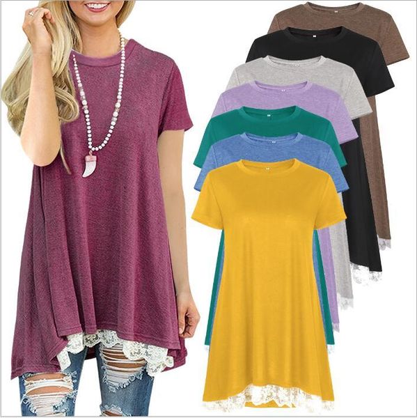 t-shirt women lace solid casual summer shirts tees fashion short sleeve blouse round collar tunic blusas women clothing vestidos b3855, White