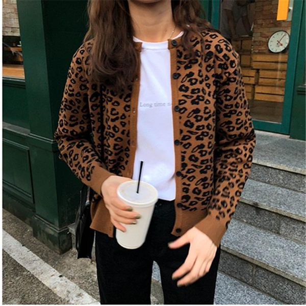 women's sweaters autumn and winter round neck retro foreign air leopard loose sweater cardigan women, White;black
women's sweaters autumn and winter round neck retro foreign air leopard loose sweater cardigan women, White;black