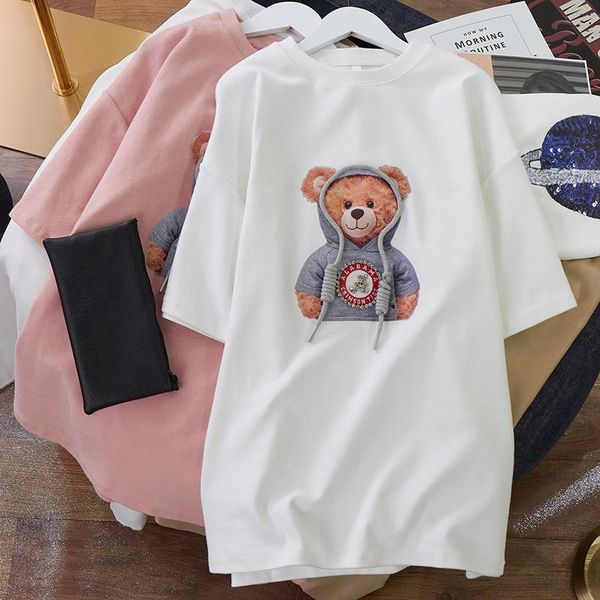 women's t-shirt 100%cotton short-sleeved women 2021 summer korean version of round-neck loose bear print hair, White
women's t-shirt 100%cotton short-sleeved women 2021 summer korean version of round-neck loose bear print hair, White