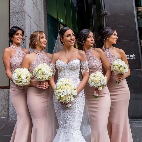 blush pink mermaid bridesmaid dresses halter satin appliques maid of honor gowns wedding evening party guests robes, White;pink
blush pink mermaid bridesmaid dresses halter satin appliques maid of honor gowns wedding evening party guests robes, White;pink