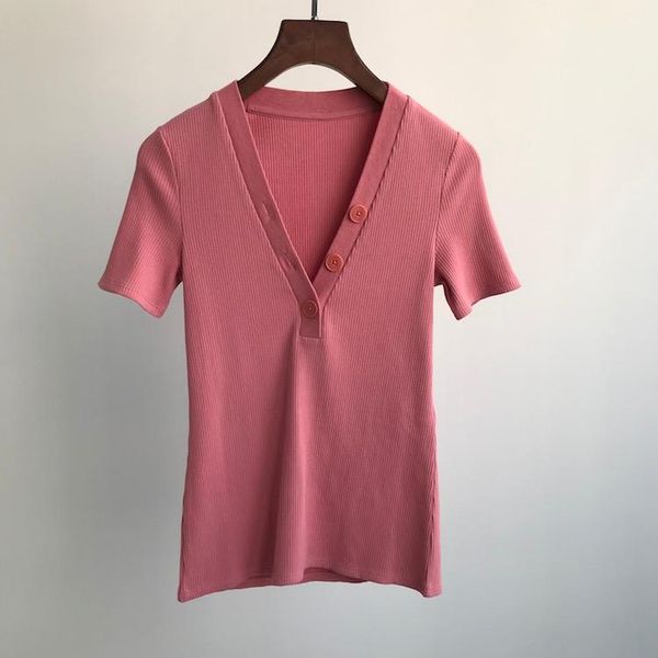 women's t-shirt spring and summer 2021 style button v-neck short-sleeved wild slim shirt, White
women's t-shirt spring and summer 2021 style button v-neck short-sleeved wild slim shirt, White