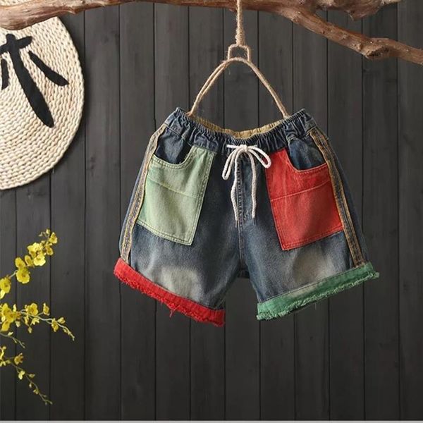 summer arts style womens jeans elastic waist loose cotton denim shorts two tone pocket patchwork vintage female midweigh s831, Blue
summer arts style womens jeans elastic waist loose cotton denim shorts two tone pocket patchwork vintage female midweigh s831, Blue