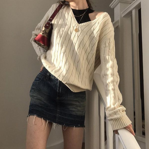 women's sweaters 2021 fashion fall winter sweater casual knitted twist v-neck slim long sleeve loose woolen clothing, White;black
women's sweaters 2021 fashion fall winter sweater casual knitted twist v-neck slim long sleeve loose woolen clothing, White;black