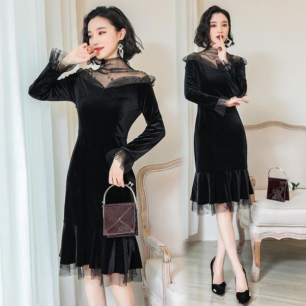 casual dresses europe and america women's lace bottoming word shoulder gold velvet dress, Black;gray
casual dresses europe and america women's lace bottoming word shoulder gold velvet dress, Black;gray