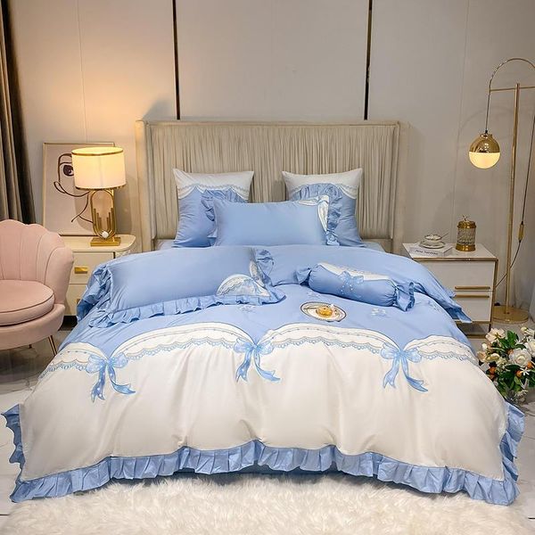 bedding sets bowknot embroidery set blue and white color matching duvet cover long-staple cotton sheet 1.5/2.0m silky home textile
bedding sets bowknot embroidery set blue and white color matching duvet cover long-staple cotton sheet 1.5/2.0m silky home textile