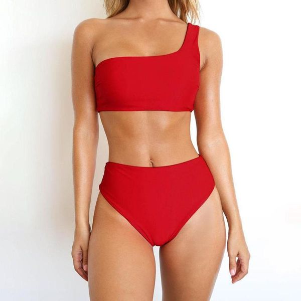 women's swimwear women solid two-piece one shoulder crop high waist bikini set casual sleeveless suit, White;black
women's swimwear women solid two-piece one shoulder crop high waist bikini set casual sleeveless suit, White;black