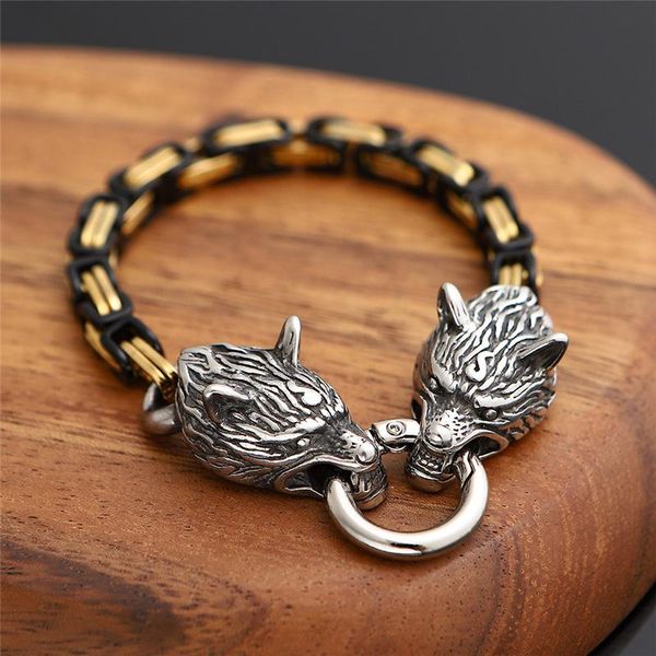 link, chain norse viking wolf head bracelet men never fade stainless steel gold square king bangles street culture accessories jewelry, Black
link, chain norse viking wolf head bracelet men never fade stainless steel gold square king bangles street culture accessories jewelry, Black