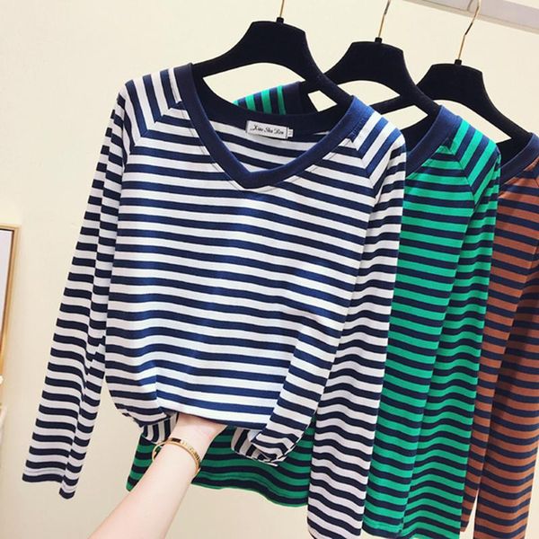 women's t-shirt 2021 vintage stripe v neck long sleeve t shirt women casual white female fall tee femme clothes
women's t-shirt 2021 vintage stripe v neck long sleeve t shirt women casual white female fall tee femme clothes