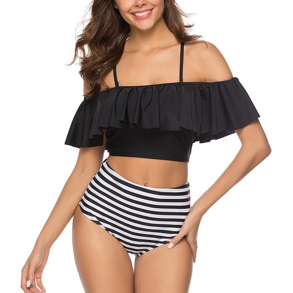 women's swimwear 2021 women swimsuits drop shoulders high waist bikini beach bathing suit push up ruffle set, White;black
women's swimwear 2021 women swimsuits drop shoulders high waist bikini beach bathing suit push up ruffle set, White;black