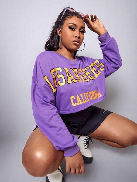 plus letter graphic drop shoulder sweatshirt a9lt#, Black