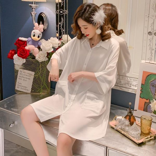 women's sleepwear white nightdress summer short sleeve satin loose plus size nightgowns cardigan simple home service lingerie, Black;red 
women's sleepwear white nightdress summer short sleeve satin loose plus size nightgowns cardigan simple home service lingerie, Black;red