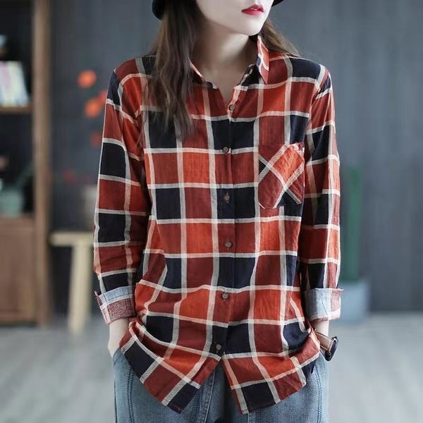 women's blouses & shirts spring women loose long sleeve pockets design blouse single breasted turn-down collar plaid cotton linen, White
women's blouses & shirts spring women loose long sleeve pockets design blouse single breasted turn-down collar plaid cotton linen, White