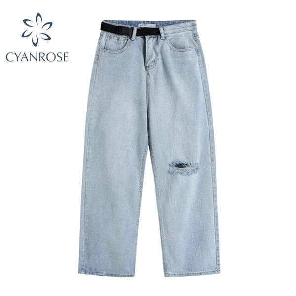 women's ripped jeans trouses and denim pants high waist with belt design pocket blue wash fashion street wide leg hole pant tide 210430
women's ripped jeans trouses and denim pants high waist with belt design pocket blue wash fashion street wide leg hole pant tide 210430