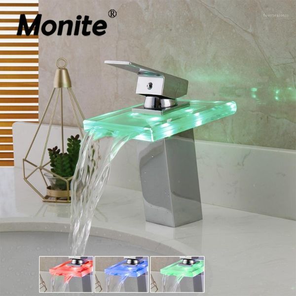 monite chrome brass bathroom faucet led light glass waterfall spout deck mounted wash basin sink mixer tap w/ water power1
monite chrome brass bathroom faucet led light glass waterfall spout deck mounted wash basin sink mixer tap w/ water power1