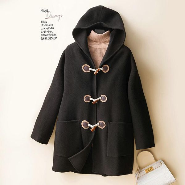 women's wool & blends horn button hooded double faced cashmere coat middle and long small versatile autumn winter woolen, Black
women's wool & blends horn button hooded double faced cashmere coat middle and long small versatile autumn winter woolen, Black