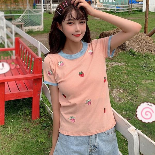 women's sweaters women sweet college style strawberry embroidery tshirt round neck short sleeve colorblock slim knitted pullover, White;black
women's sweaters women sweet college style strawberry embroidery tshirt round neck short sleeve colorblock slim knitted pullover, White;black
