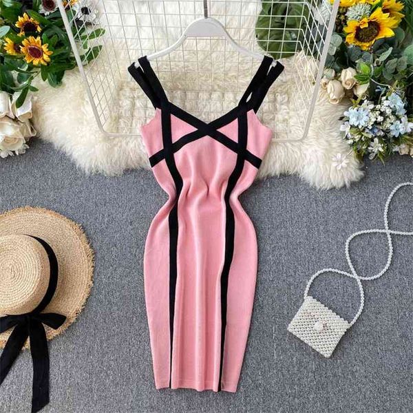 women v neck sleeveless high waist thin knitted package hip sweater dress lady mini vestidos k066 210527, Black;gray
women v neck sleeveless high waist thin knitted package hip sweater dress lady mini vestidos k066 210527, Black;gray