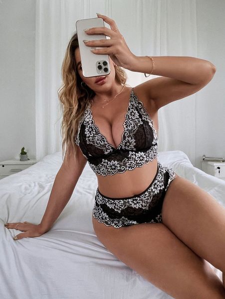 plus floral lace scallop trim lingerie set h5df#, Black;white