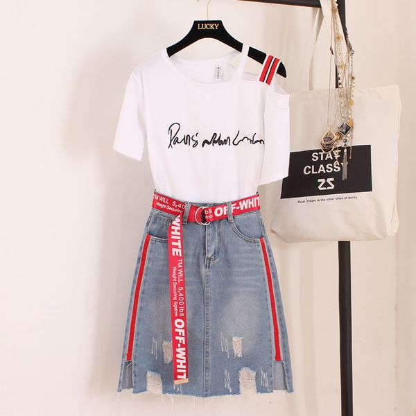 two piece dress new summer women 's denim skirt suit embroidery letter slash neck t-shirt + sashes tassel jean 2 set 4qnd, White
two piece dress new summer women 's denim skirt suit embroidery letter slash neck t-shirt + sashes tassel jean 2 set 4qnd, White
