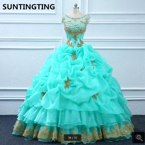 2021 real picture sky blue ruffled ball gown cap sleeve prom dresses gold lace appliques beading pick-ups stylish party gowns sweet 16 hollo, Black
2021 real picture sky blue ruffled ball gown cap sleeve prom dresses gold lace appliques beading pick-ups stylish party gowns sweet 16 hollo, Black