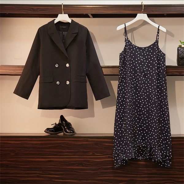 autumn plus size two piece sets women dress+suits casual loose elegant long sleeve blazer and dot sling dresses suit coat 201012, White;black
autumn plus size two piece sets women dress+suits casual loose elegant long sleeve blazer and dot sling dresses suit coat 201012, White;black