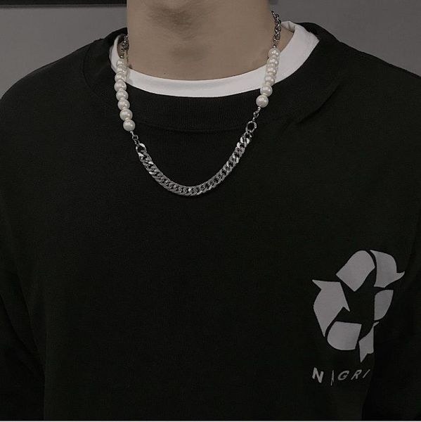 pearl stitching necklace men's necklace personality hip hop ins versatile european and american neckchain, Silver
pearl stitching necklace men's necklace personality hip hop ins versatile european and american neckchain, Silver