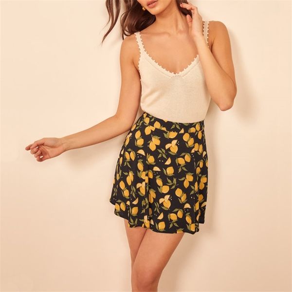 summer holiday beach women's skirts casual fruit print mini 210430, Black