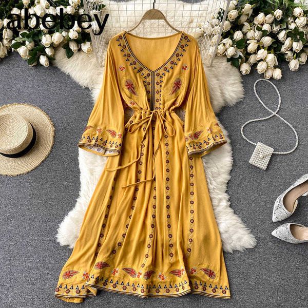 women retro print dress autumn v neck lace up a-line dress korean elegant bohemian long holiday dress 210715, Black;gray
women retro print dress autumn v neck lace up a-line dress korean elegant bohemian long holiday dress 210715, Black;gray