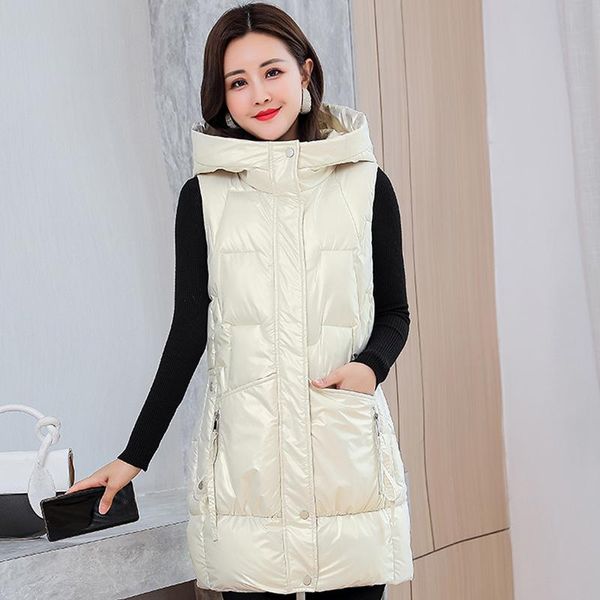 women's vests autumn winter women hooded glossy sleeveless jacket with pockets casual loose cotton padded vest female long waistcoat, Black;white
women's vests autumn winter women hooded glossy sleeveless jacket with pockets casual loose cotton padded vest female long waistcoat, Black;white