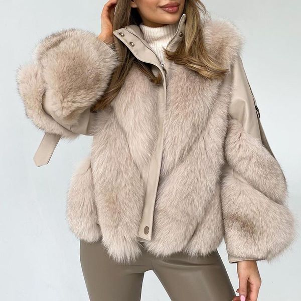 women's fur & faux fashion casual stand collar coats women elegant patchwork pu leather jackets loose long sleeve ladies, Black
women's fur & faux fashion casual stand collar coats women elegant patchwork pu leather jackets loose long sleeve ladies, Black