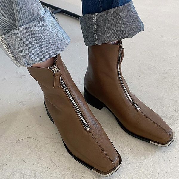 boots handmade genuine leather sheepskin front zip ankle metal decor square toe stylish short autumn winter women shoes, Black
boots handmade genuine leather sheepskin front zip ankle metal decor square toe stylish short autumn winter women shoes, Black