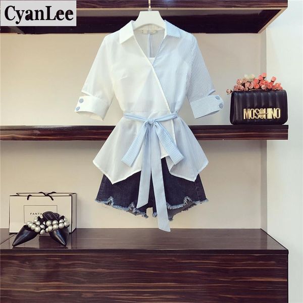 two piece dress plus size women turn down collar patchwork irregular and denim shorts set office ladies summer korean outfits, White
two piece dress plus size women turn down collar patchwork irregular and denim shorts set office ladies summer korean outfits, White