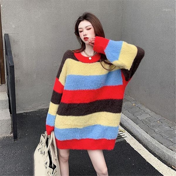 winter style loose mid-length long-sleeved knitted rainbow striped pullover sweater women women's sweaters, White;black
winter style loose mid-length long-sleeved knitted rainbow striped pullover sweater women women's sweaters, White;black