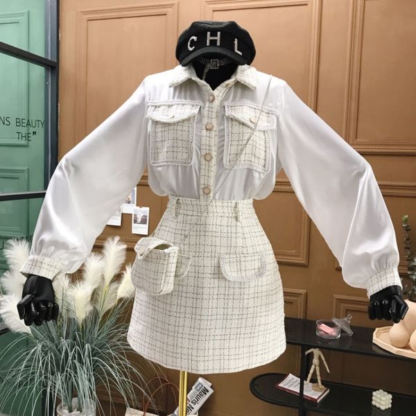 skirts fashion two piece set women tweed patchwork lantern sleeve chiffon shirt and woolen plaid a-line skirt suits with bag, Black
skirts fashion two piece set women tweed patchwork lantern sleeve chiffon shirt and woolen plaid a-line skirt suits with bag, Black