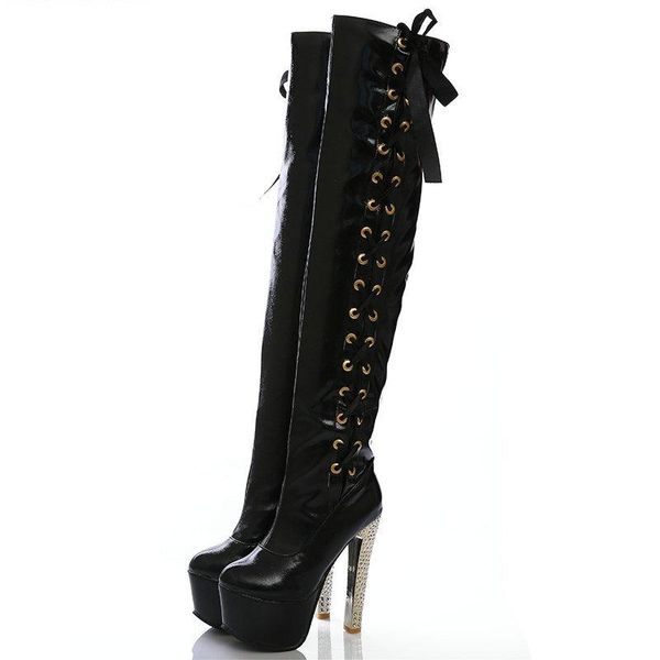 boots 15cm super high heels women 6cm platform lace up knee ladies dress club dancing shoes, Black